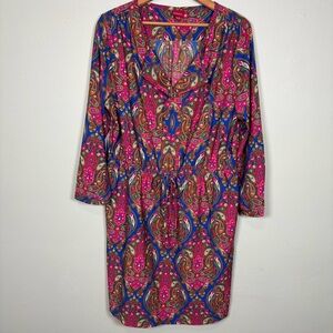 Merona Paisley Drawstring Waist Long Sleeve Shirt Dress-Pink/Blue-Women XXL